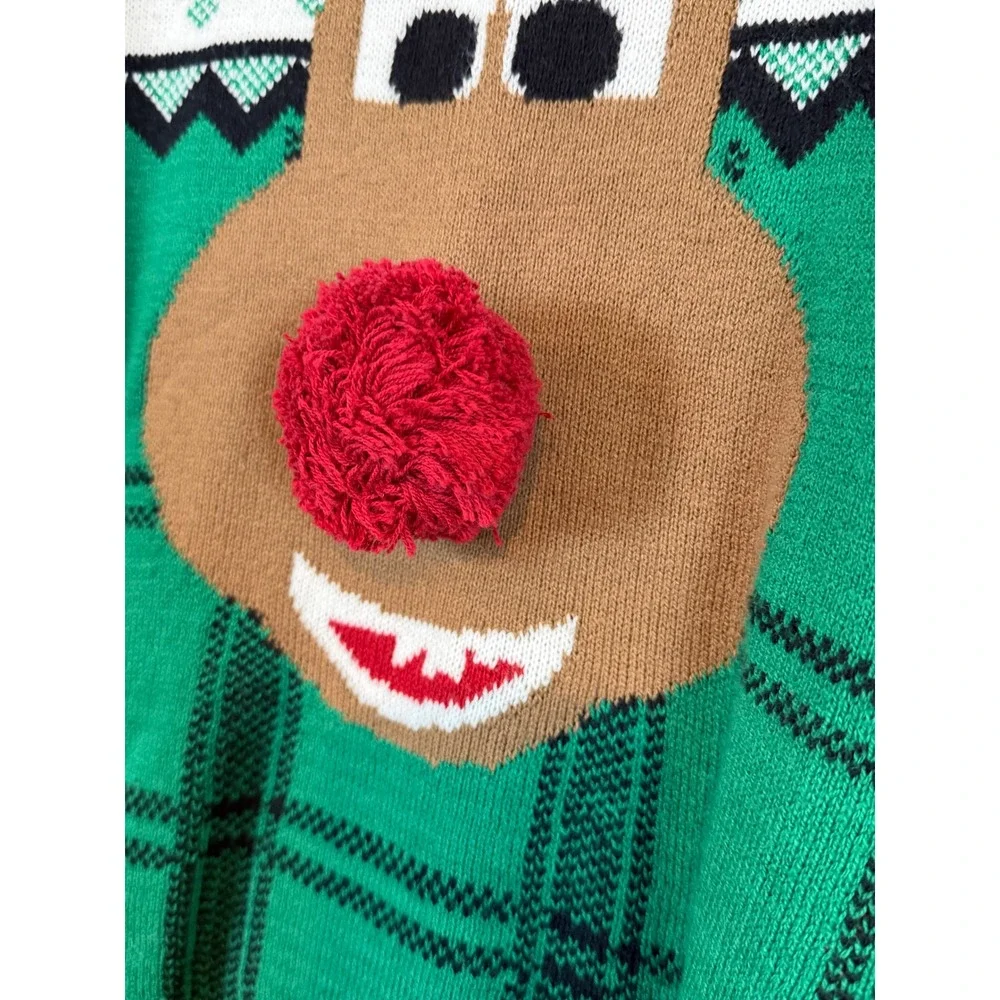 Ugly Christmas Sweater Co Reindeer Peppermint‎ Plaid Knit Pullover Green 3XB